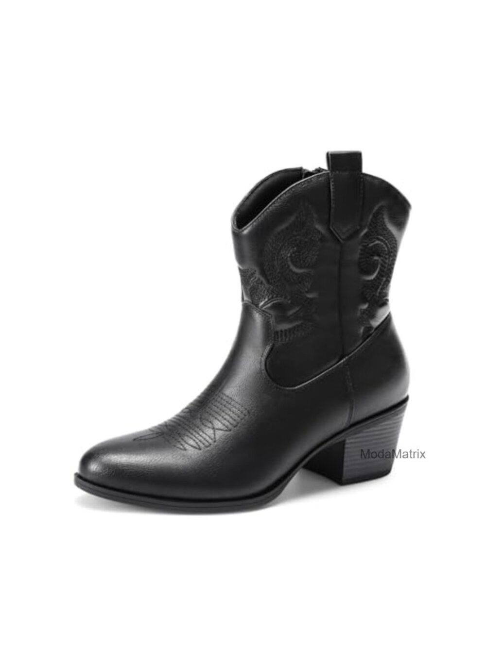 Western Cowboy Ankle Boots Faux Leather Embroidered Low Chunky Heel